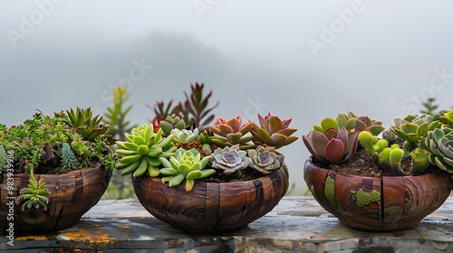 Wallpaper Mural Succulent filled hand carved wooden planter pots against a foggy sky Torontodigital.ca