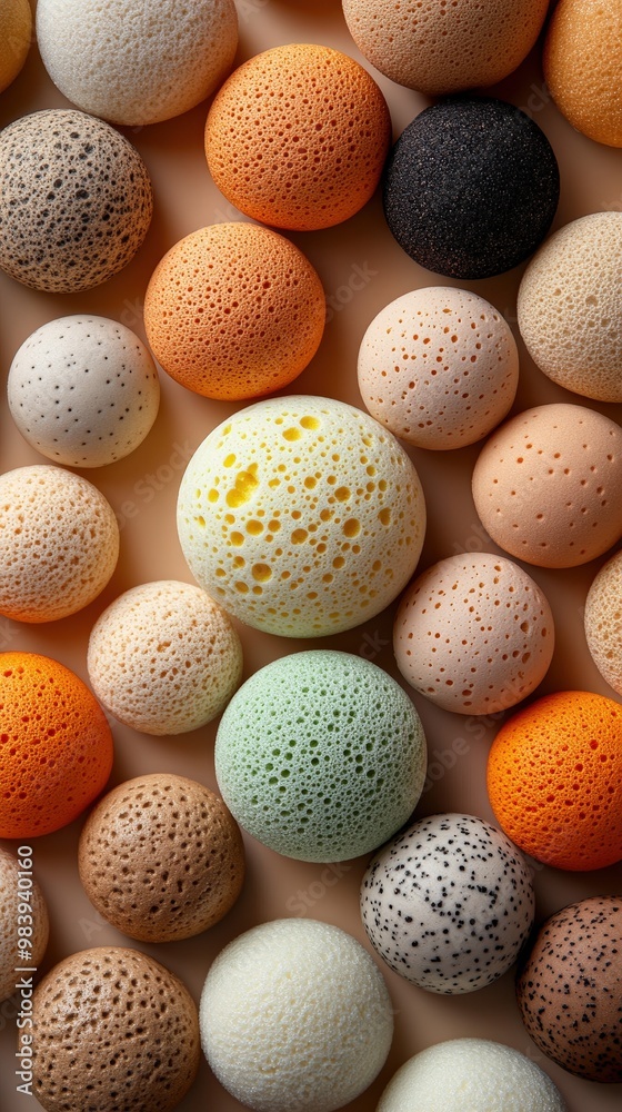 A vibrant arrangement of textured spheres in various colors, perfect for decorative or artistic themes. A vibrant arrangement of textured spheres in various colors, perfect for decorative or artistic themes.