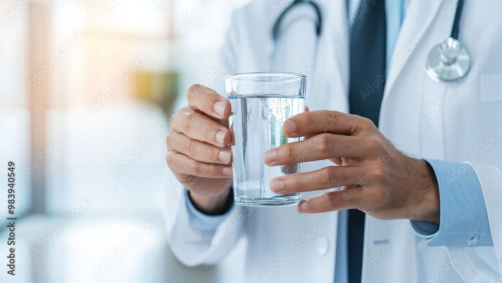 A doctor holding a glass of water, symbolizing hydration and health, in a clinical environment. A doctor holding a glass of water, symbolizing hydration and health, in a clinical environment.