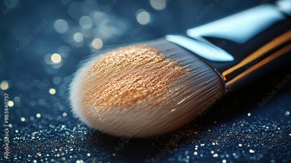 Close-up of a makeup brush with shimmering glitter, perfect for beauty and cosmetic themes. Close-up of a makeup brush with shimmering glitter, perfect for beauty and cosmetic themes.