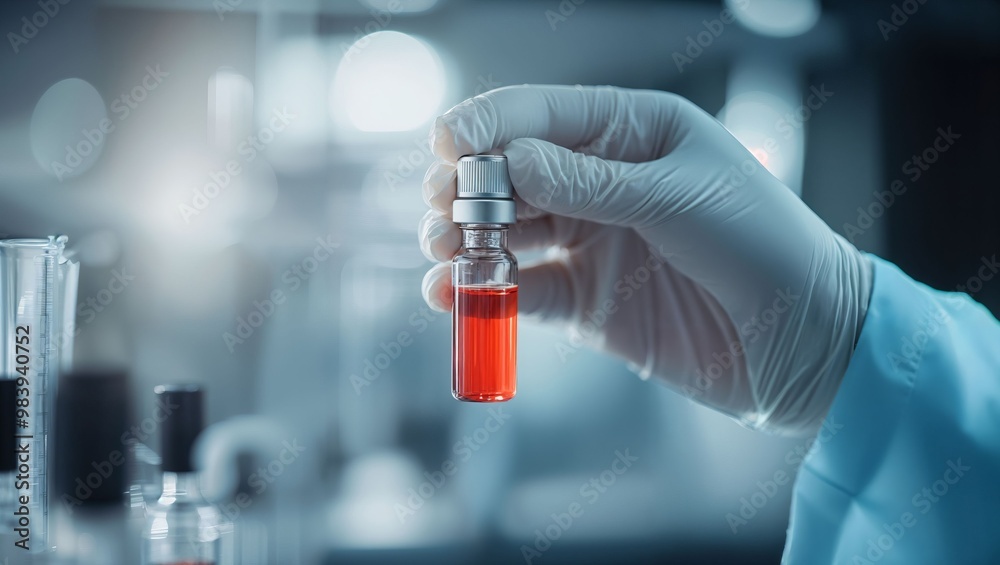 A scientist in a lab holds a vial of red liquid, showcasing a meticulous laboratory setting focused on research and experimentation. A scientist in a lab holds a vial of red liquid, showcasing a meticulous laboratory setting focused on research and experimentation.