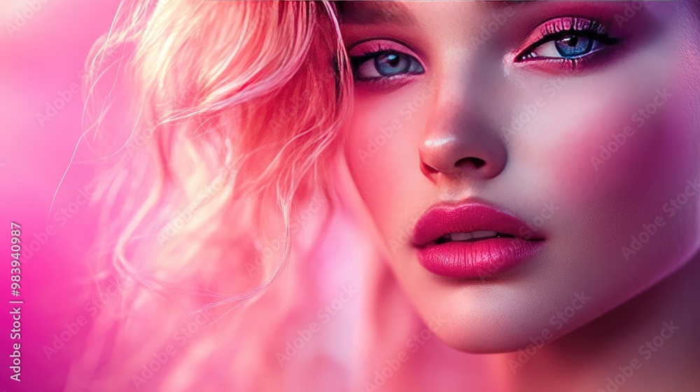 Close-up of a Woman's Face with Pink Makeup and Hair Close-up of a Woman's Face with Pink Makeup and Hair