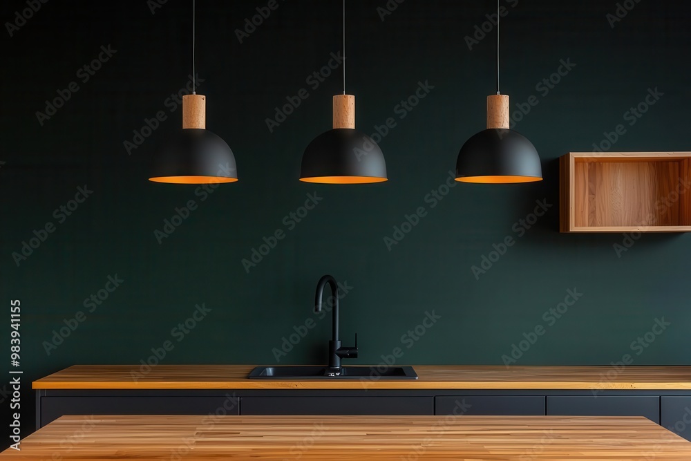 Obraz premium A modern kitchen with stainless steel pendant lights hanging over a sleek island, stainless steel pendant lights modern kitchen, industrial lighting design