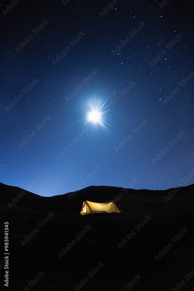 Camping Under a Starry Sky with Bright Moonlight Camping Under a Starry Sky with Bright Moonlight