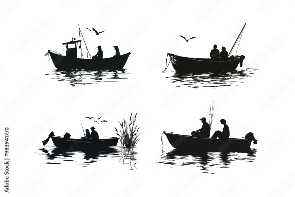 Fisherman vector silhouettes, Set of silhouette fisherman. Collection of fishing man on the waves and of the boat Fisherman vector silhouettes, Set of silhouette fisherman. Collection of fishing man on the waves and of the boat