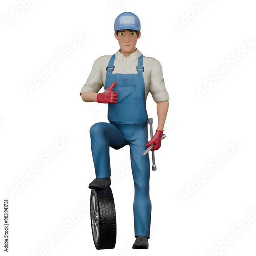 Male Automotive 3D Animation. A male mechanic stands with his right foot stepping on the car tire, then his left hand holds a 4-pole crank and his right hand gives a thumbs up. Mechanic