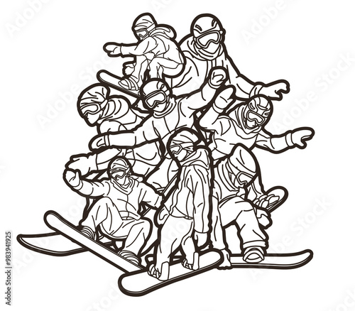Extreme Sport Snowboard Players Snowboarder Mix Action Cartoon Graphic Vector