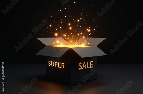 black magic opened 3d box with golden rays flying from box. letters 