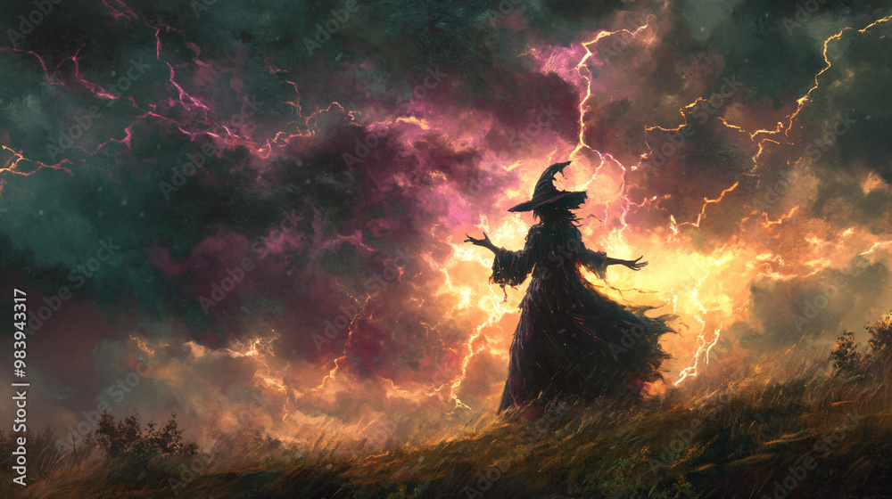 Fototapeta premium A witch summoning lightning from the sky to strike the ground, her hands raised to command the storm.
