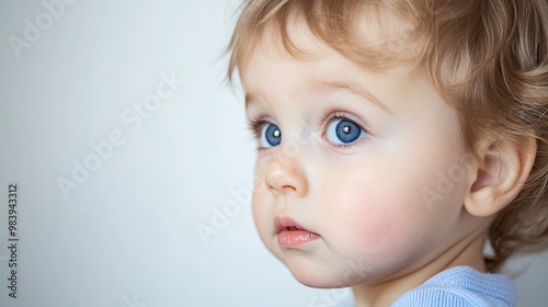 Portrait of a curious child gazing with wonder, isolated against a clean background with ample space for text. Capturing the innocence, exploration, and imagination of childhood in a simple and unclut