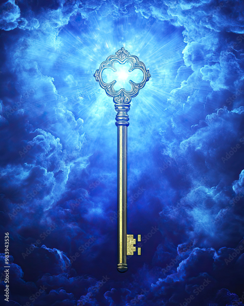 Fototapeta premium Golden Key in the Door of Heaven Christian Theme, Symbolizing Life's Key Principles and Serenity
