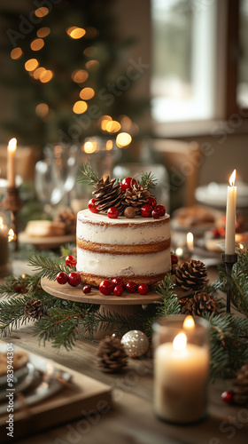 Christmas cake standing on a wooden table decorated with pine branches, red berries and lit candles for christmas eve family dinner