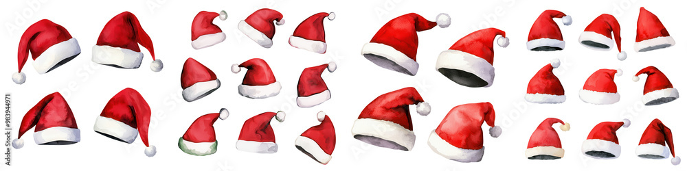 Collection of Santa hats, white isolated background. Collection of Santa hats, white isolated background.