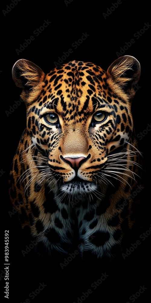 Obraz premium Majestic leopard portrait with striking features and vivid details. This hyper-realistic digital artwork showcases the powerful grace of wildlife. Perfect for nature lovers and art enthusiasts. AI