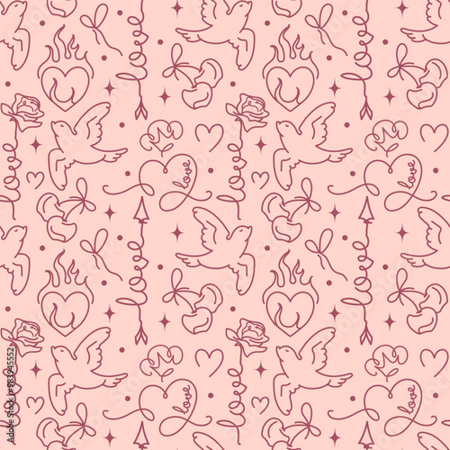 Romantic vector seamless pattern. Cool doodles and playful hearts. Pastel pink feminine teen background. Sweet outline wallpaper. Heartfelt theme