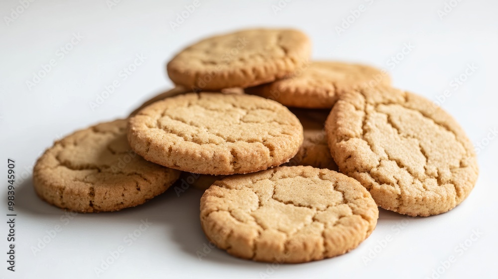 A bunch of round cookies on a plain white background. A bunch of round cookies on a plain white background.