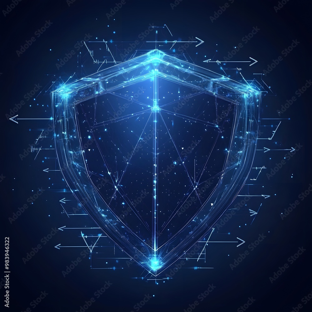 Medical security health shield translucent low poly triangle futuristic glowing surrounded by arrows. On dark blue background. Immunity protection medical innovation concept. Medical security health shield translucent low poly triangle futuristic glowing surrounded by arrows. On dark blue background. Immunity protection medical innovation concept.