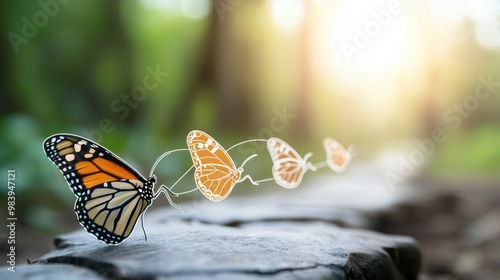 Visual guide illustrating the monarch butterfly migration cycle with icons for each journey stage No, Created with Generative AI. photo