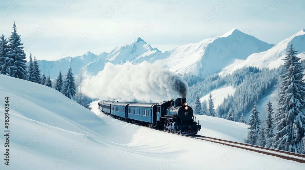 Beautiful retro steam locomotive against the backdrop of a snowy mountain forest landscape with copy space. Travel, passenger transportation. Public transport Beautiful retro steam locomotive against the backdrop of a snowy mountain forest landscape with copy space. Travel, passenger transportation. Public transport