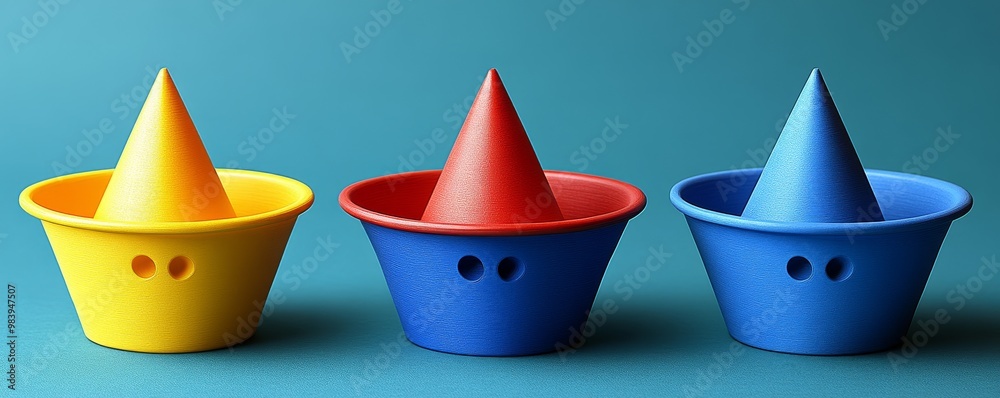 Colorful plastic toy hats in yellow, red, and blue. Perfect for playful and creative themes in children's photography. Colorful plastic toy hats in yellow, red, and blue. Perfect for playful and creative themes in children's photography.