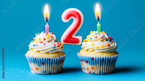 A photo shows cupcakes with candles lit to form the number 398. The background is blue.