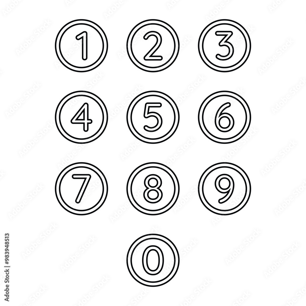 Number symbol vector icon set. Numbers in circle. Pictogram collection for education. 0, 1, 2, 3, 4, 5, 6, 7, 8, 9. Number symbol vector icon set. Numbers in circle. Pictogram collection for education. 0, 1, 2, 3, 4, 5, 6, 7, 8, 9.