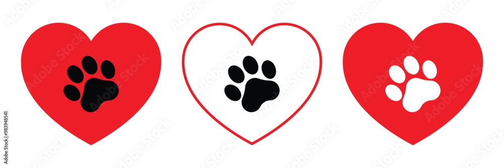 Red heart with paw print vector icon set. Pet love symbol. Dog or cat paw print illustration. Animal footprint. Red heart with paw print vector icon set. Pet love symbol. Dog or cat paw print illustration. Animal footprint.