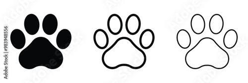 Paw print vector icon set. Dog or cat paw print illustration. Black silhouette and outline design. Animal footprint.