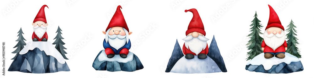 Four colorful gnomes on rocks, cheerful and whimsical, isolated on white background. Four colorful gnomes on rocks, cheerful and whimsical, isolated on white background.