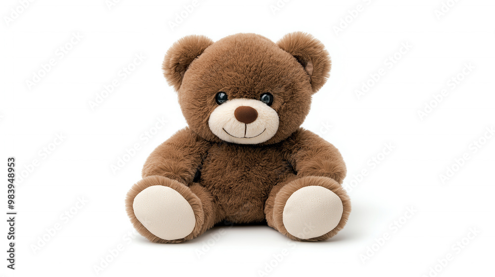 Obraz premium A brown teddy bear sitting upright with a friendly smile on white background