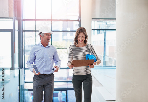 Engineers, construction and business people with discussion and tablet blueprint, building planning for talk. Architecture, property development or contractors on stairs for floor plan communication