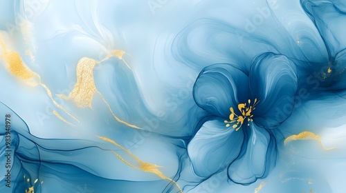 Abstract Blue and Gold Swirling Flower Artwork photo