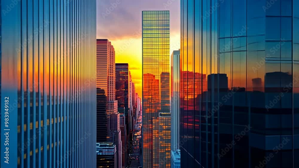Stunning sunset over city skyline reflecting in glass buildings during evening in New York Stunning sunset over city skyline reflecting in glass buildings during evening in New York