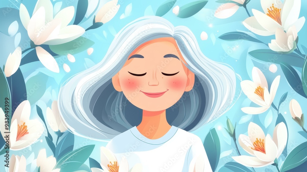 Explore a vibrant flat design of an elegant older woman amidst blooming magnolias in a cheerful spring setting. Explore a vibrant flat design of an elegant older woman amidst blooming magnolias in a cheerful spring setting.