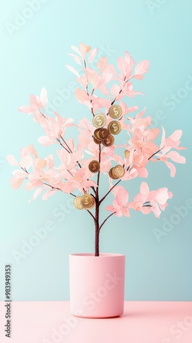 Money Tree Concept with Pink Leaves on Teal Background.