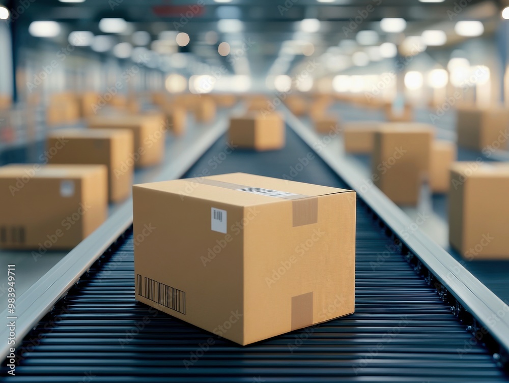 Cardboard box on conveyor belt in a warehouse environment. Cardboard box on conveyor belt in a warehouse environment.