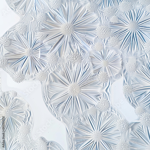 Obraz na płótnie Geometric Diatom Colony Floating in Grid Formation, Backlit on White Background w salonie