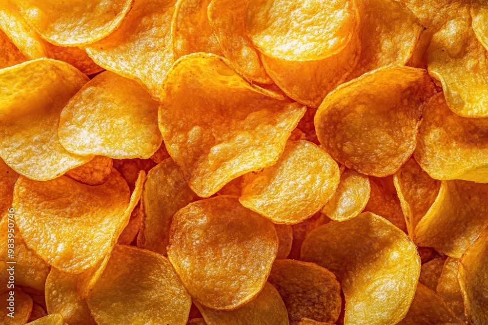 Crispy golden potato chips piled high, showcasing the texture and savory appeal Crispy golden potato chips piled high, showcasing the texture and savory appeal