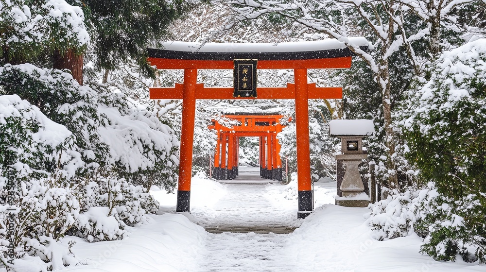 New Year's Day scene featuring a traditional Japanese torii gate leading to a serene shrine, surrounded by fresh winter snow. The calm, snowy landscape emphasizes the peaceful and spiritual atmosphere New Year's Day scene featuring a traditional Japanese torii gate leading to a serene shrine, surrounded by fresh winter snow. The calm, snowy landscape emphasizes the peaceful and spiritual atmosphere