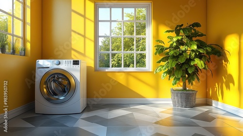 Photorealistic High-Resolution Image of a Washing Machine in the Center of an Empty Room with Gray and White Tiles, a Green Plant, and a Window with Light Yellow Walls

