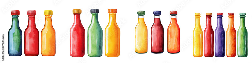 Colorful array of various bottles, white isolate background Colorful array of various bottles, white isolate background