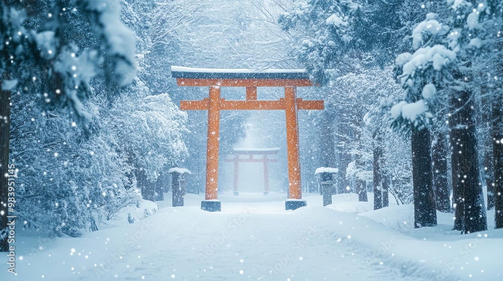 New Year's Day scene featuring a traditional Japanese torii gate leading to a serene shrine, surrounded by fresh winter snow. The calm, snowy landscape emphasizes the peaceful and spiritual atmosphere New Year's Day scene featuring a traditional Japanese torii gate leading to a serene shrine, surrounded by fresh winter snow. The calm, snowy landscape emphasizes the peaceful and spiritual atmosphere