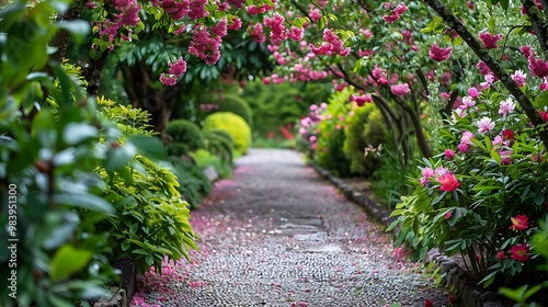 The gorgeousness of flowers and foliagecherries tree in fruit in the garden with vivid grows and a granite pathway