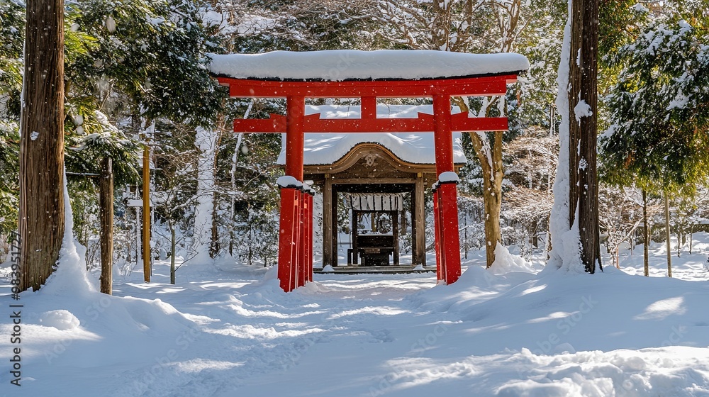 New Year's Day scene featuring a traditional Japanese torii gate leading to a serene shrine, surrounded by fresh winter snow. The calm, snowy landscape emphasizes the peaceful and spiritual atmosphere New Year's Day scene featuring a traditional Japanese torii gate leading to a serene shrine, surrounded by fresh winter snow. The calm, snowy landscape emphasizes the peaceful and spiritual atmosphere