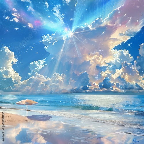 Beautiful Blue Skies with Nature, Moon ,Cloud ,Beach scenery, Tree, night -Anime concept Background