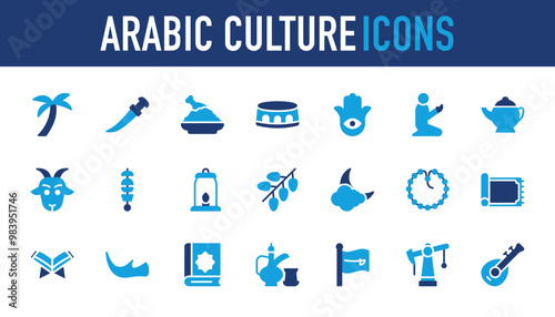 Arabic Culture icons set. Palm Tree, Biryani, Sword, Muslim, Cap, Faith, Kettle, Goat, Kebab, Fire Lamp, Dates, Weather, Tasbih, Prayer Mat, Quran, Footwear,  Book, Tea Pot, Hookah, Flag, Pump vector.
