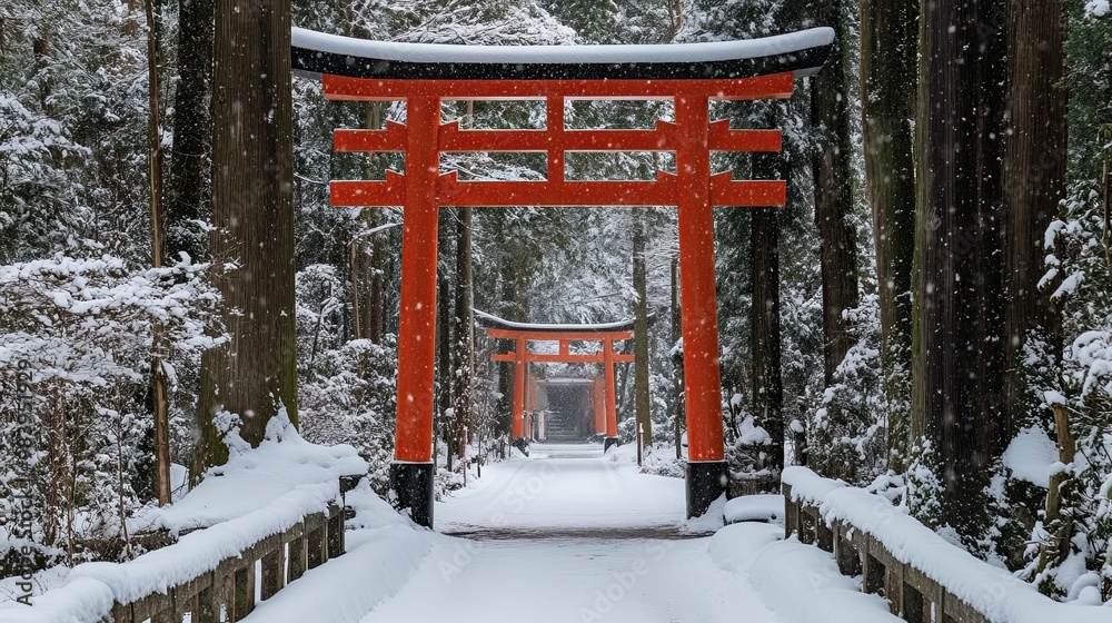 New Year's Day scene featuring a traditional Japanese torii gate leading to a serene shrine, surrounded by fresh winter snow. The calm, snowy landscape emphasizes the peaceful and spiritual atmosphere