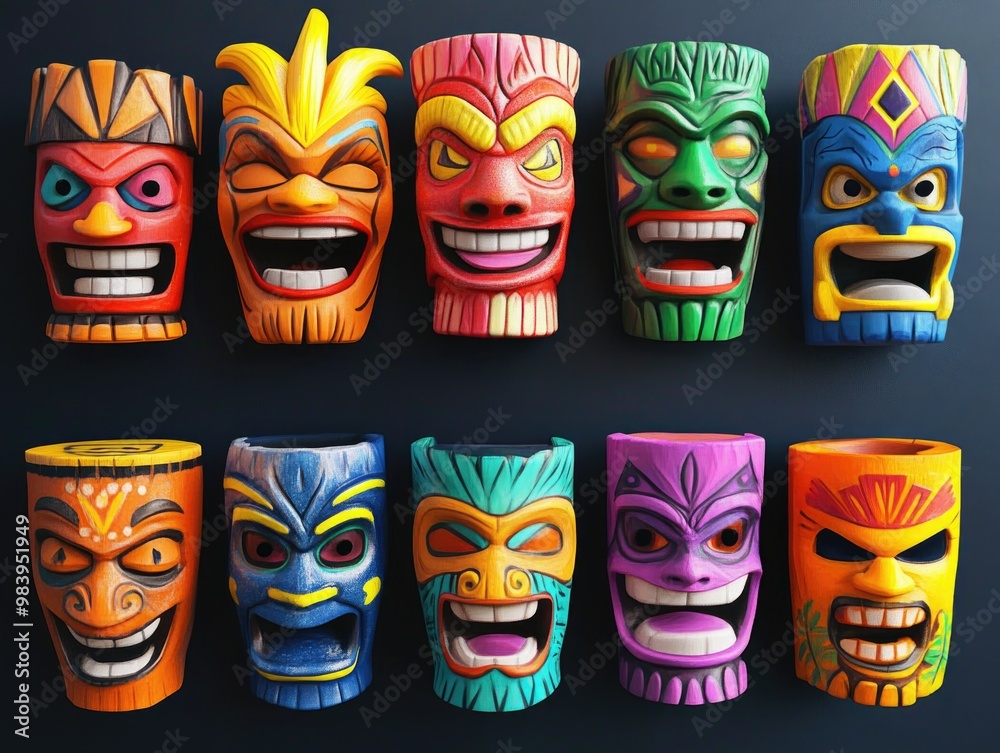 Colorful Tiki Masks on Black Background Colorful Tiki Masks on Black Background