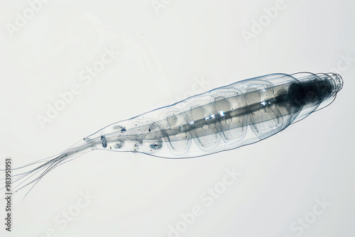 Microscopic Rotifer with Transparent Body and Motion Blur Cilia on White Background