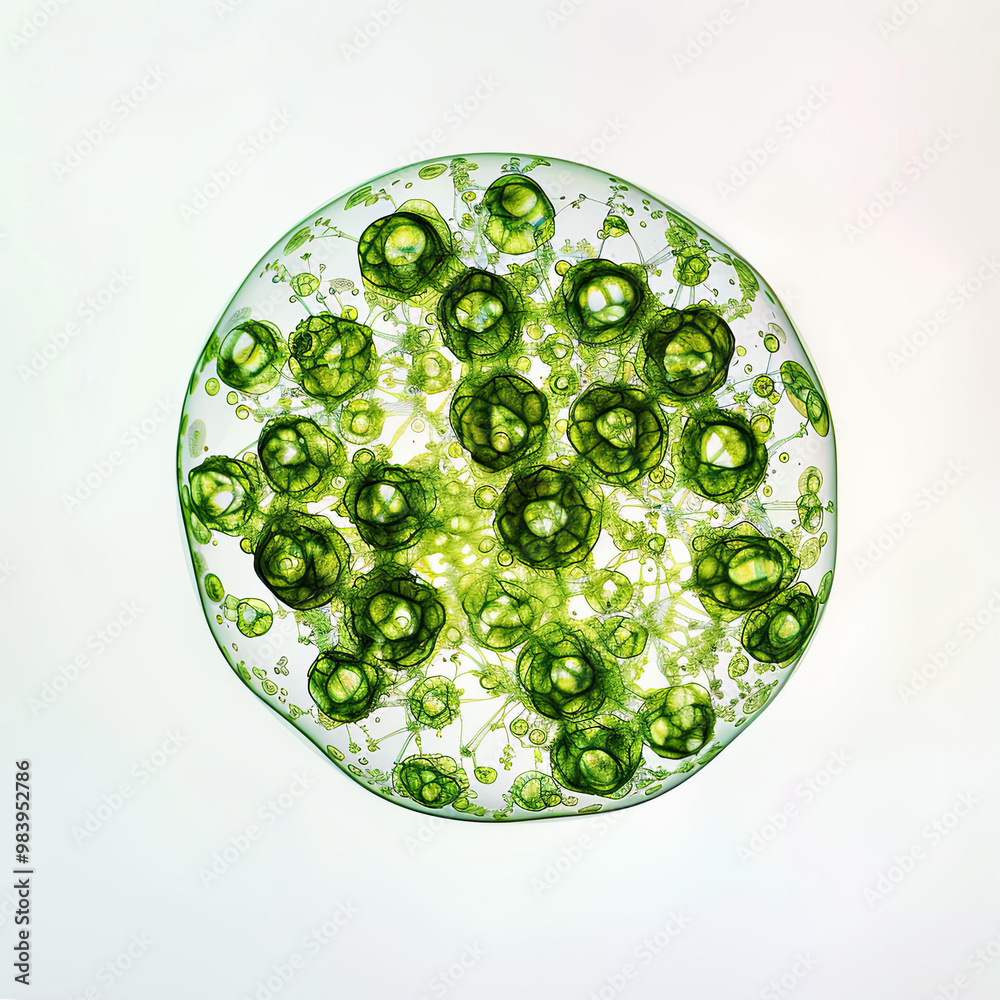 Single Volvox Colony with Green Cells, Softly Lit and Floating Against White Background